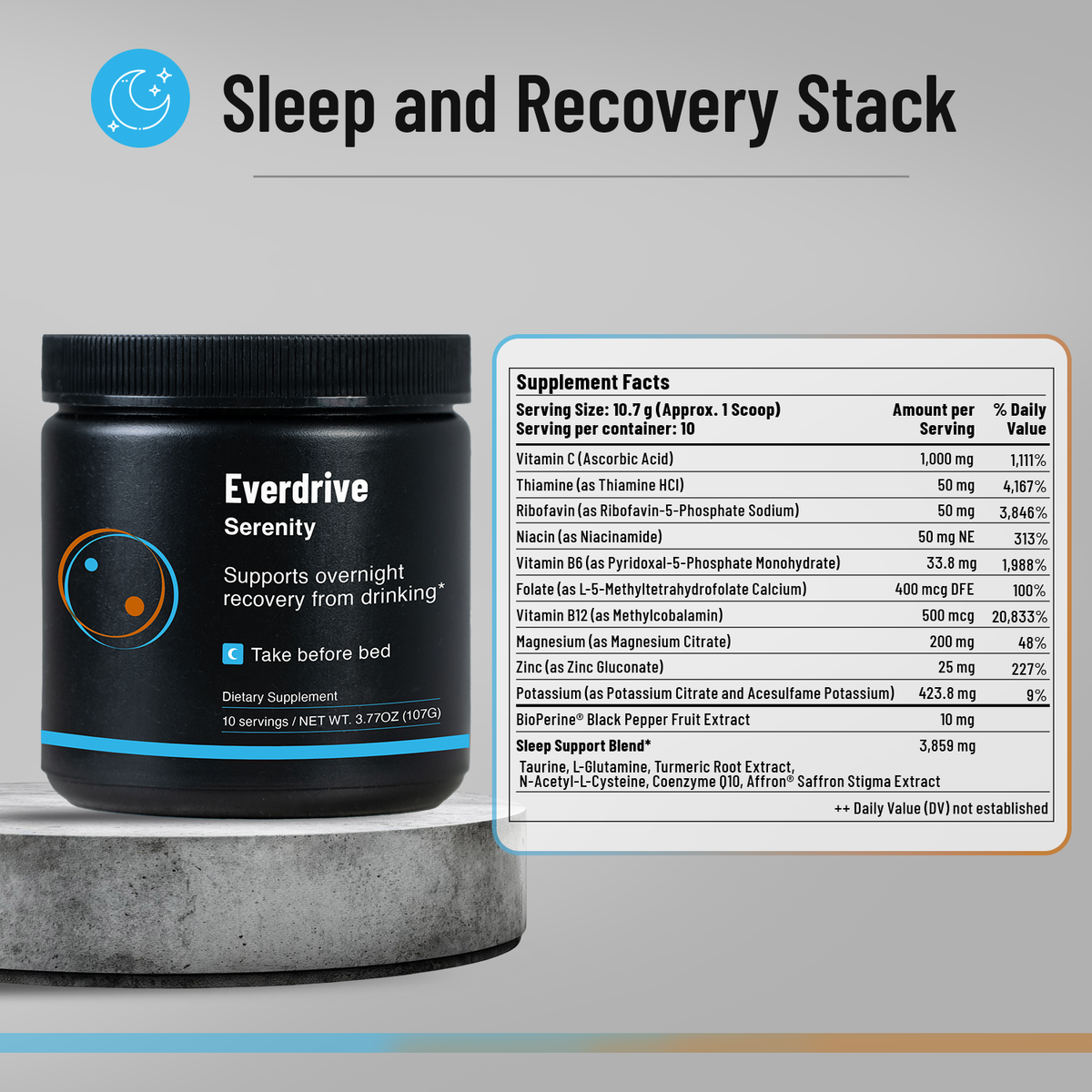 Everdrive Serenity jar next to its Supplement Facts panel (Sleep and Recovery Stack)
