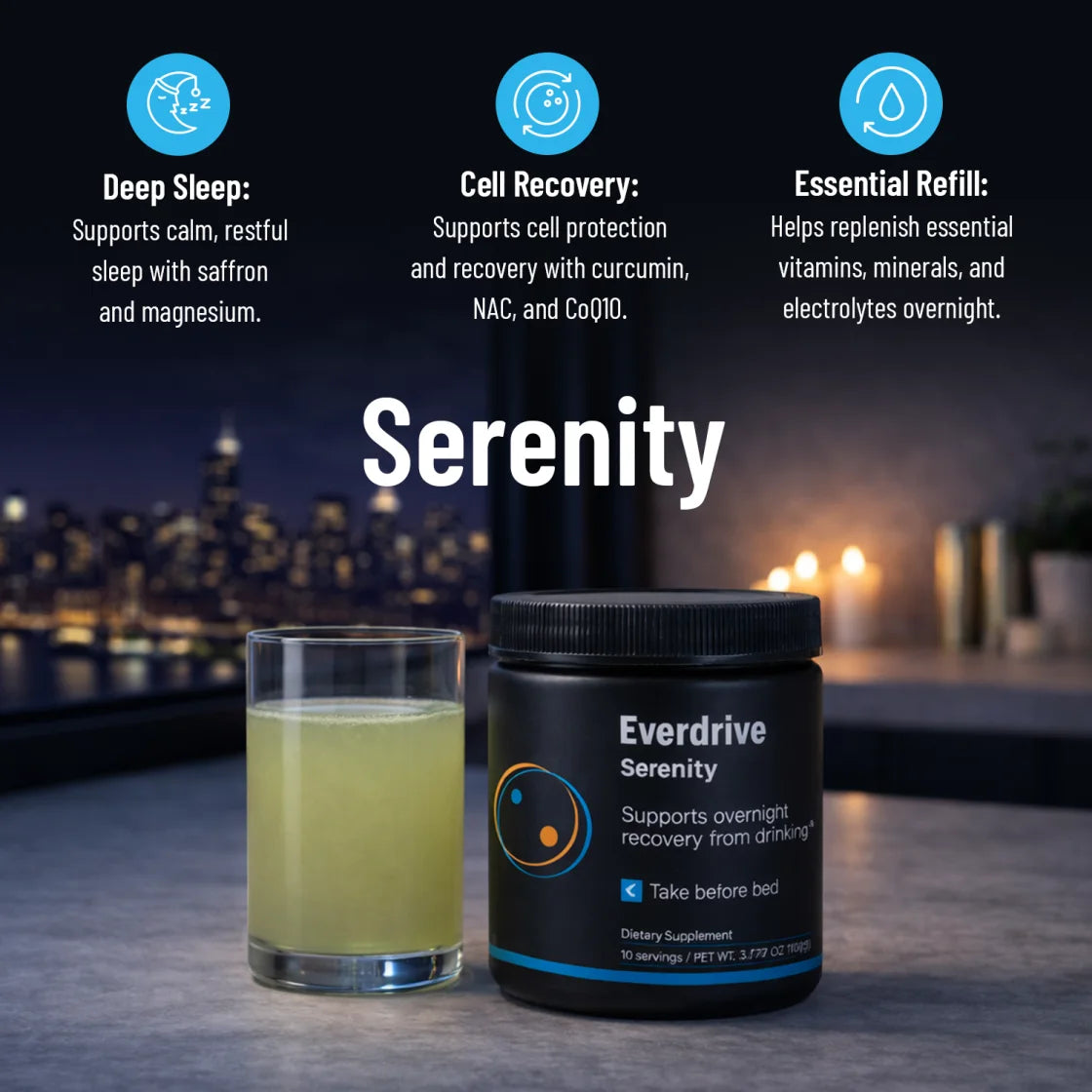 Everdrive Serenity mixed and ready by the bedside at night, with its overnight support points