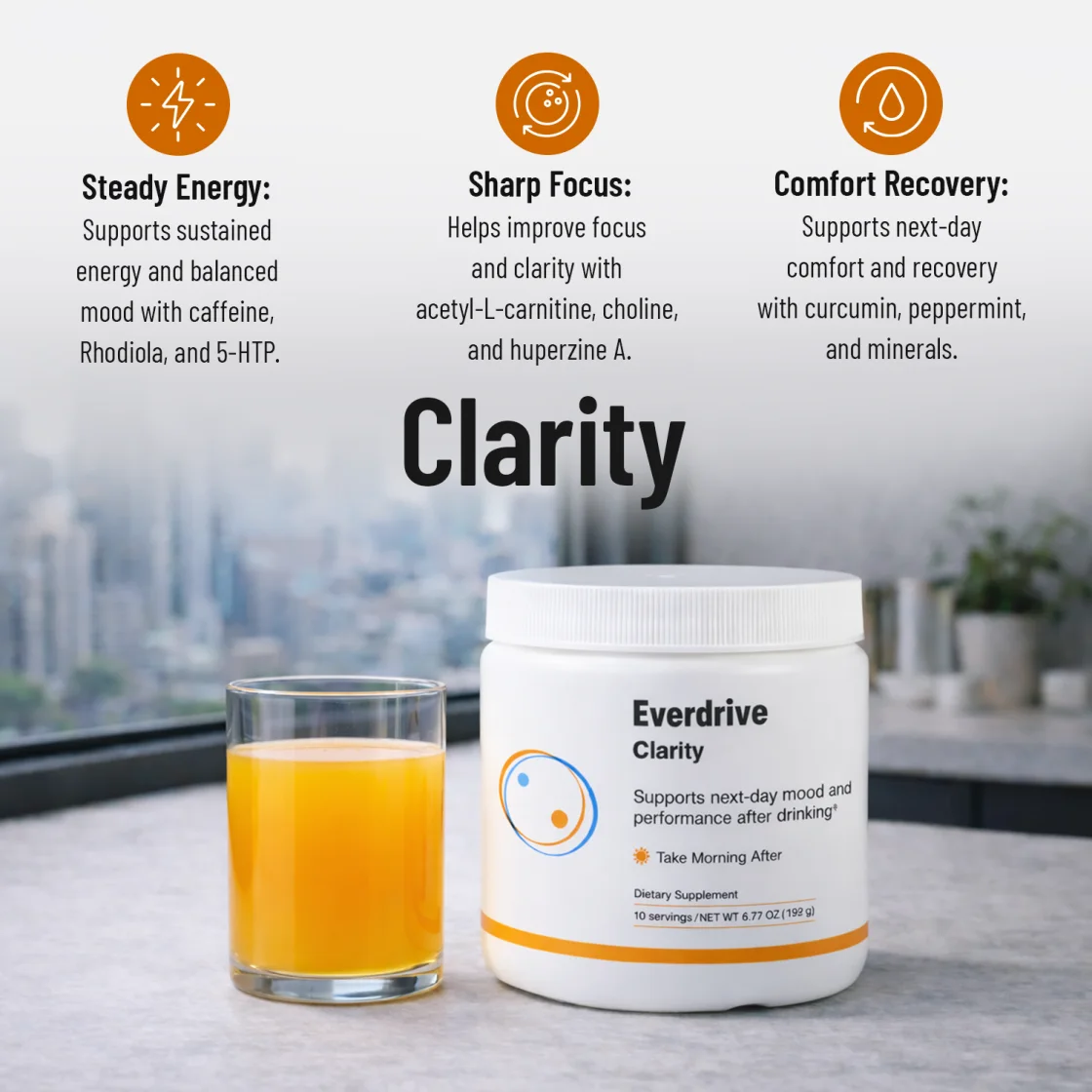 Everdrive Clarity mixed for the morning after, with its next-day energy and focus support points