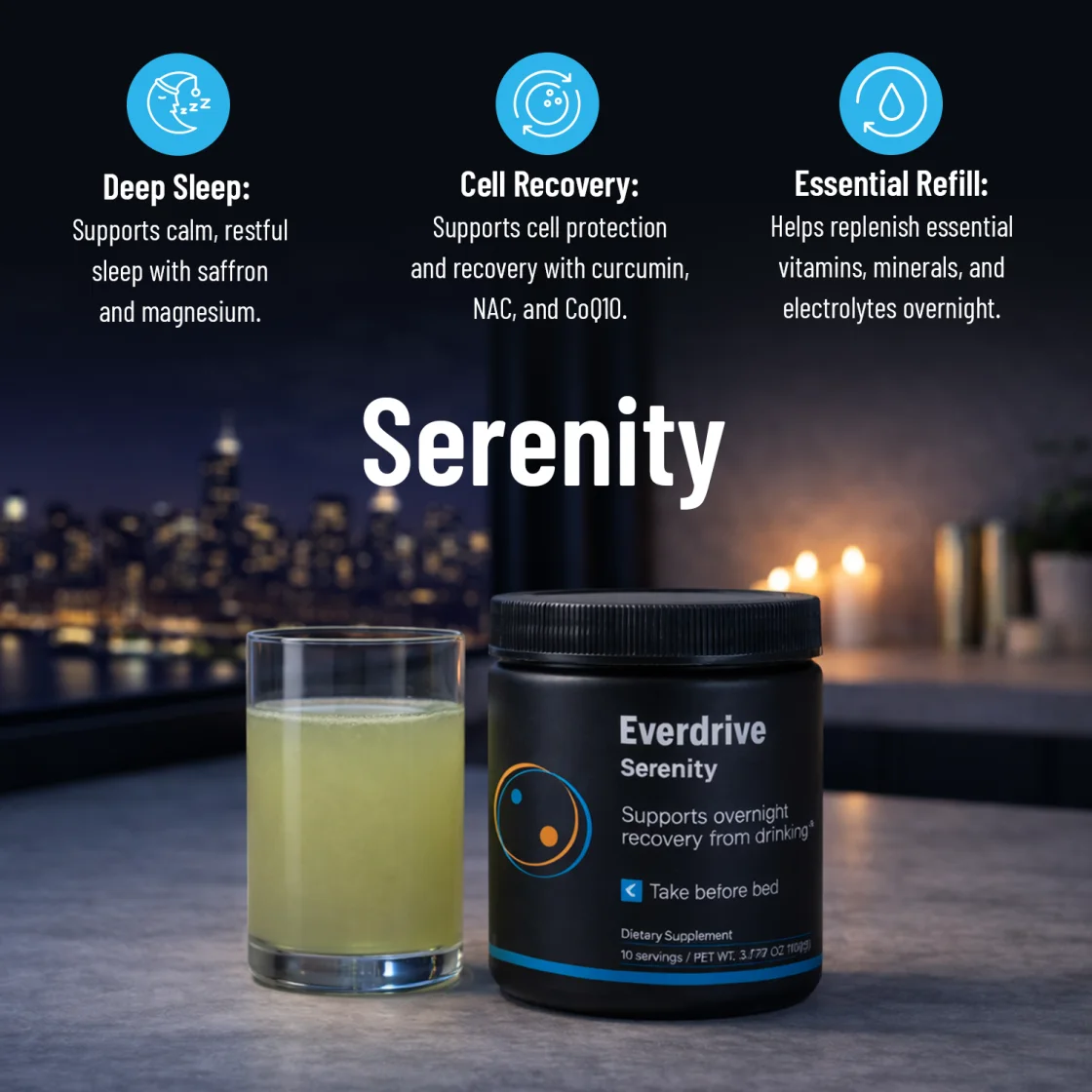 Everdrive Serenity mixed and ready by the bedside at night, with its overnight support points